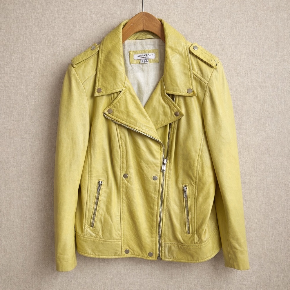 LAMARQUE Leather Moto Jacket Pastel Neon Green Biker Asymmetrical Zip Size L